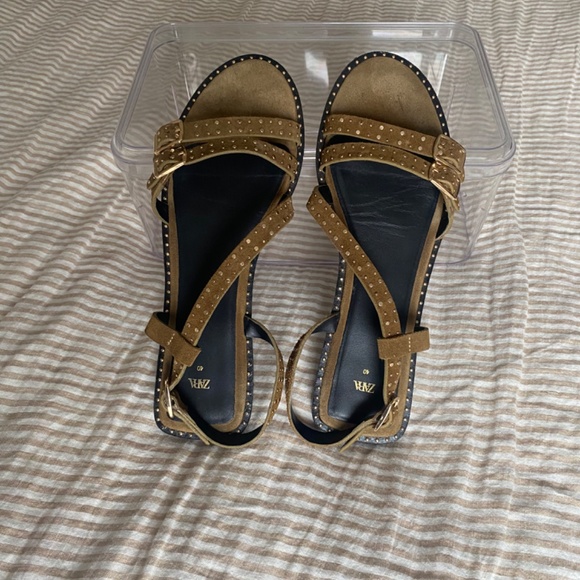 Zara Flat Split Suede Slider Sandals with Studs, Brown, Size EU 40 - Picture 3 of 6